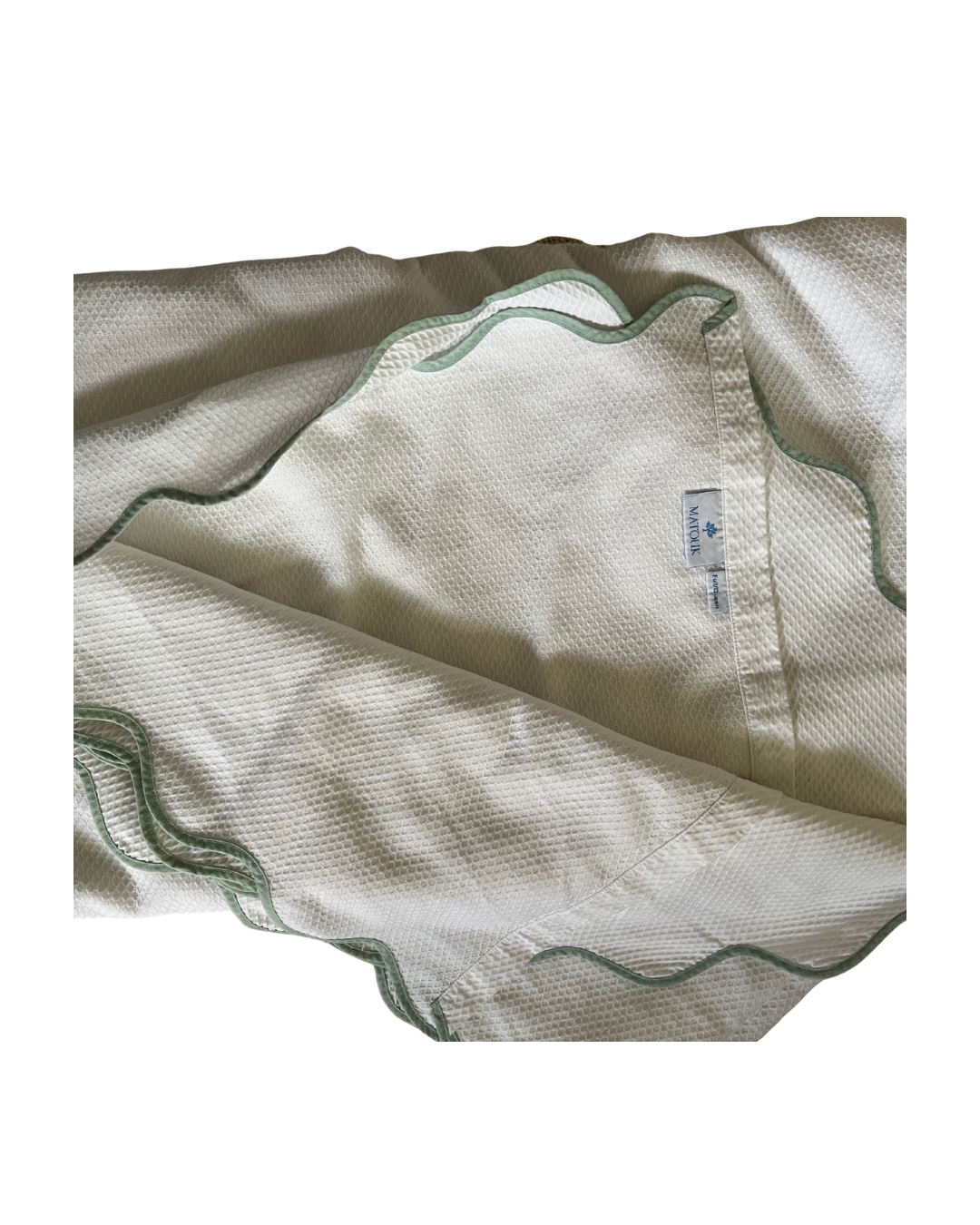 New Matouk Full/Queen Coverlet | White Waffle Weave with Sage Scalloped Border