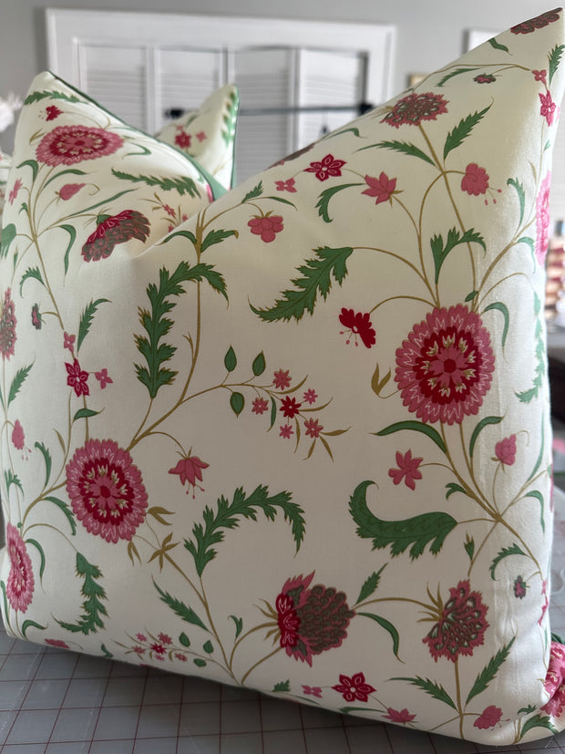 Sister Parish Titania in Pink 22"x22" with solid green backing Pillow Cover